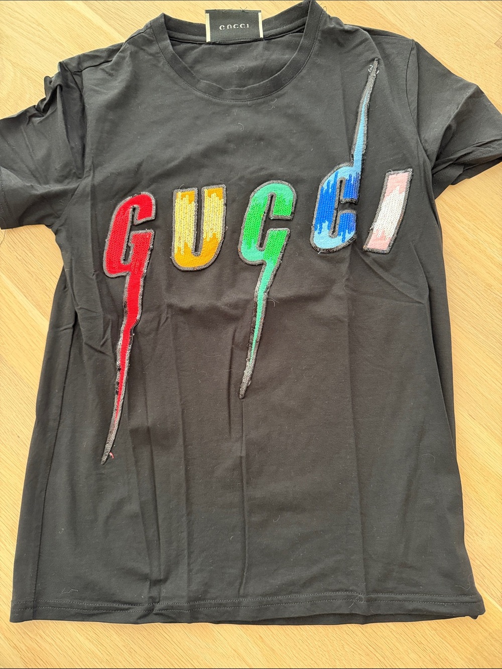 Black Tee with Multicolor sequin Drip Logo medium
